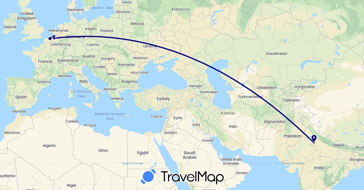 TravelMap itinerary: driving in Belgium, India (Asia, Europe)